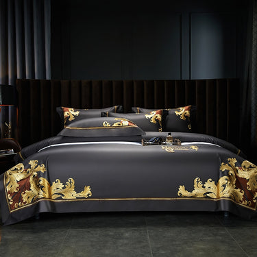 Black Gold Luxury Baroque Royal Embroidered Duvet Cover Set, 1000TC Egyptian Cotton Bedding Set